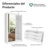 Kit Dormitorio Individual 2 Puertas Corredizas con 1 Espejo y Chifonier 6 Cajones Blanco Madesa