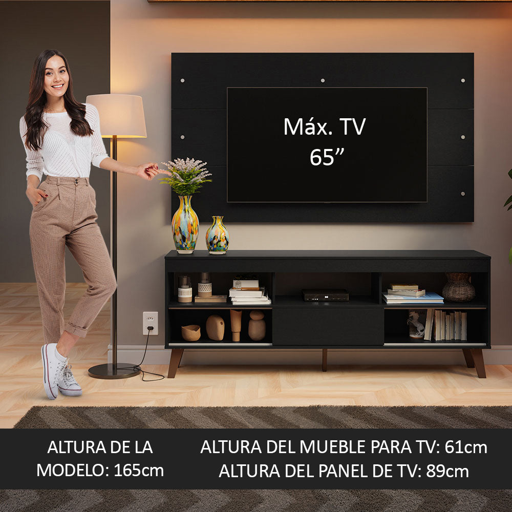 Rack con Panel para TV hasta 65 Pulgadas con Patas Negro Texas Madesa