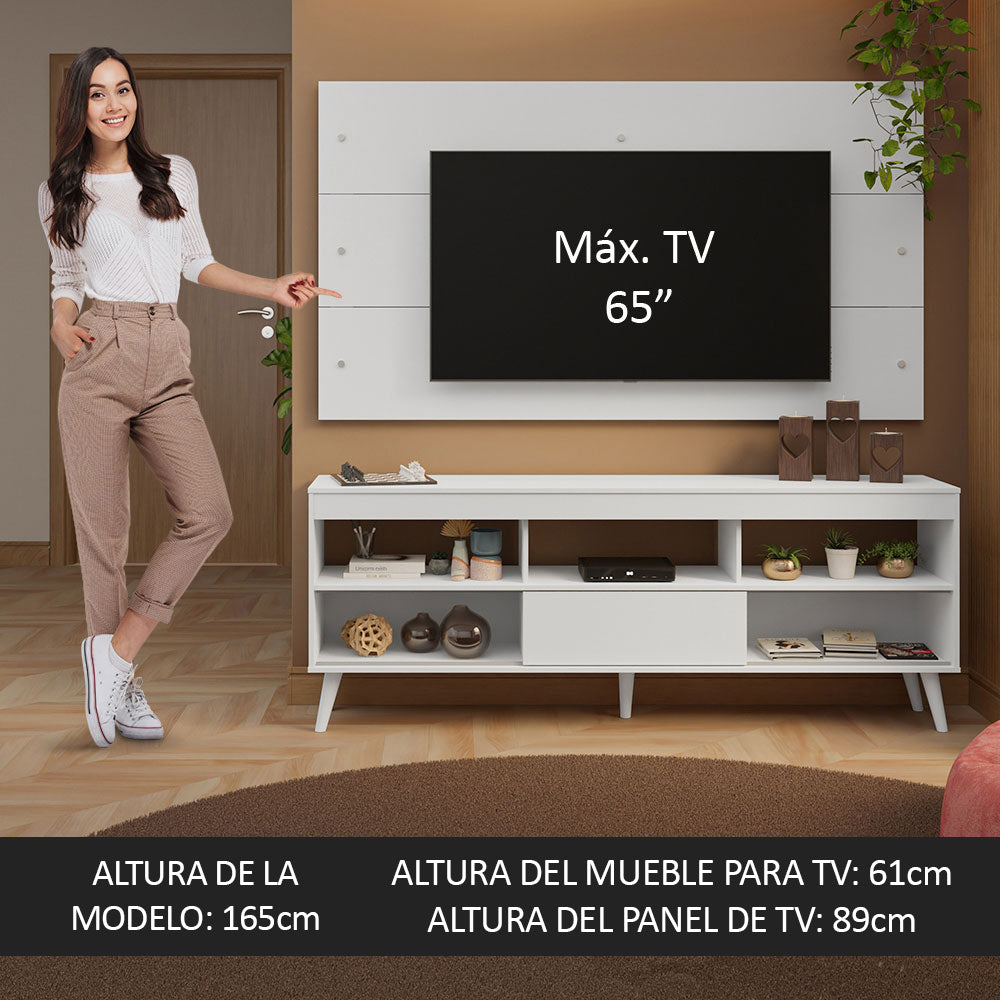 Rack con Panel para TV hasta 65 Pulgadas con Patas Blanco Detroit Madesa