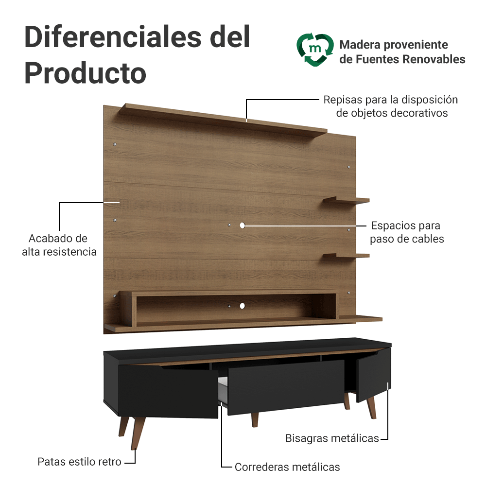 Rack con Panel para TV hasta 60 Pulgadas 180 cm con Patas Marrón/Negro/Marrón Reims Madesa