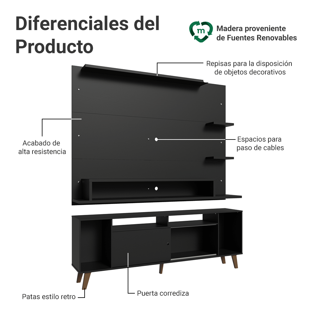 Rack con Panel para TV hasta 60 Pulgadas 180 cm con Patas Negro/Marrón Cancun Madesa