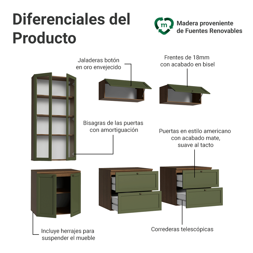 Centros de Entretenimiento con Rack + Cristaleiro 230 cm Marrón/Verde Vik Madesa 01