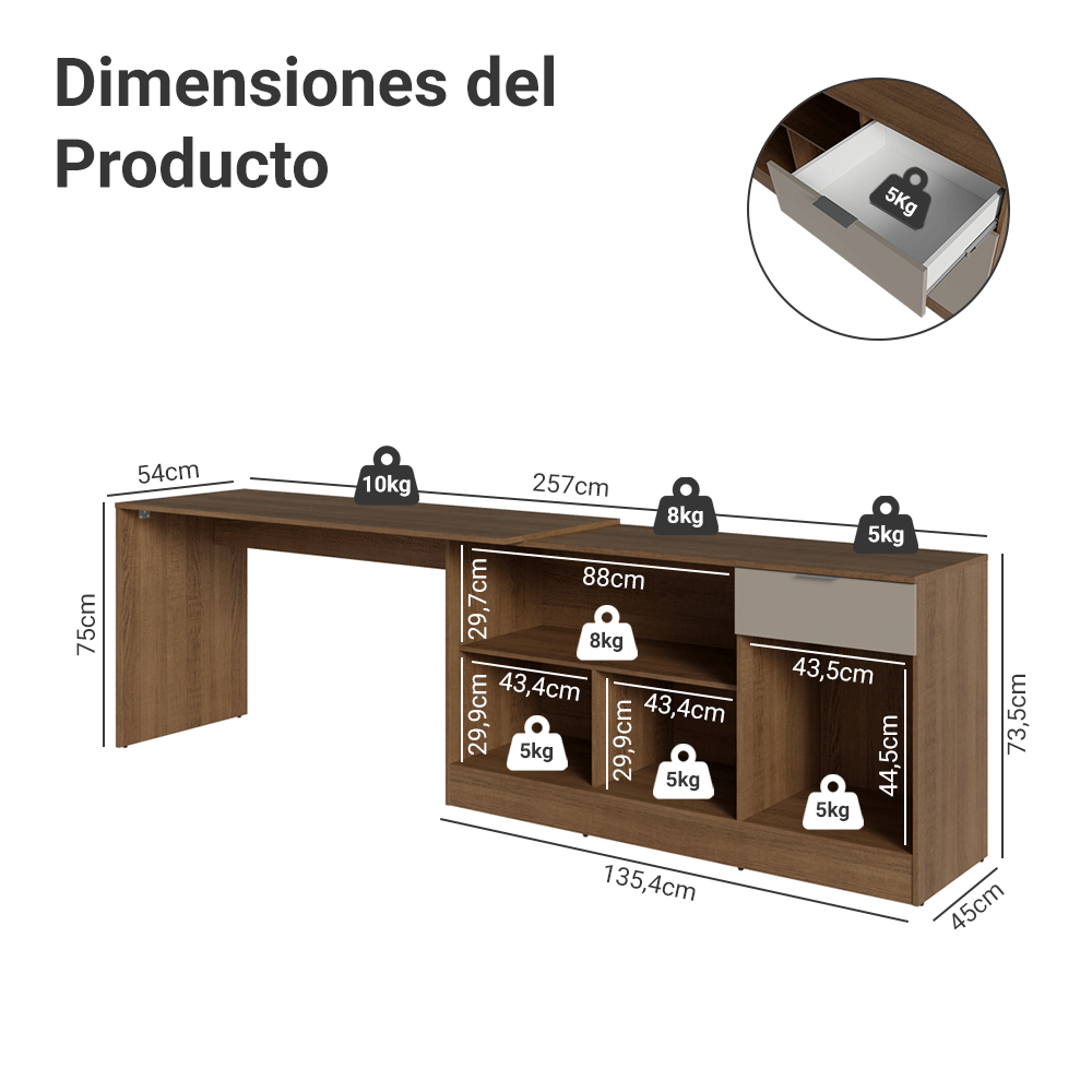 Escritorio Esquinero Gamer 300 cm Marrón/Crema Roma Madesa