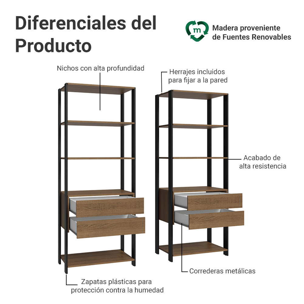 Estante Multiuso para Libros 140 cm 4 Cajones Marrón/Negro Madesa