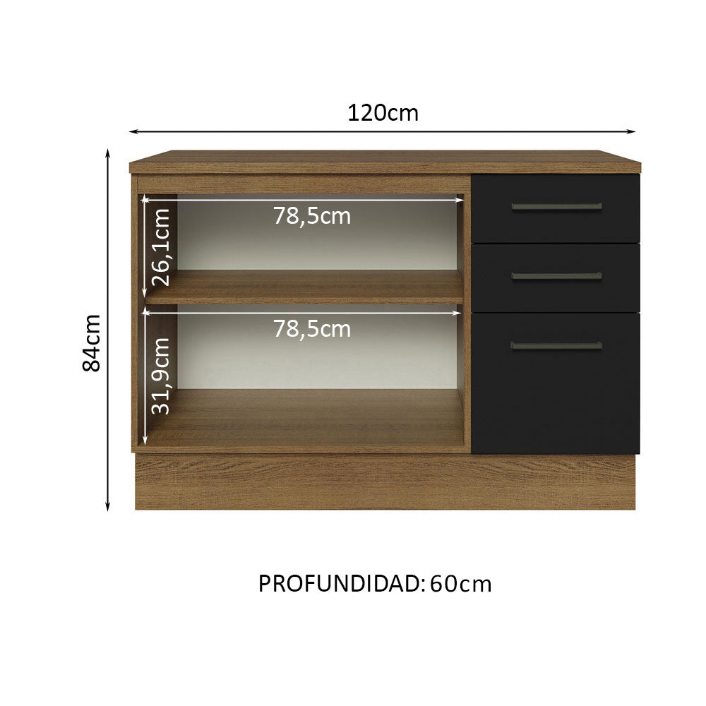 Bajo Mesada Multiuso 120cm 2 Puertas 3 Cajones Marrón/Negro Agata Madesa