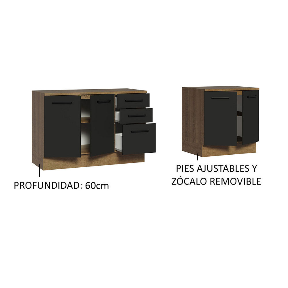 Kit con 2 Bajo mesada Multiuso 4 Puertas 3 Cajones Marrón/Negro Agata Madesa