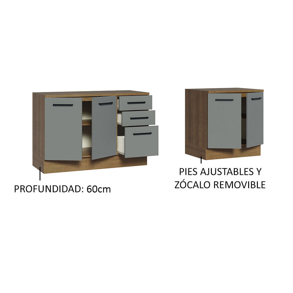 Kit con 2 Gabinetes Bajos 4 Puertas 3 Cajones Marrón/Gris Agata