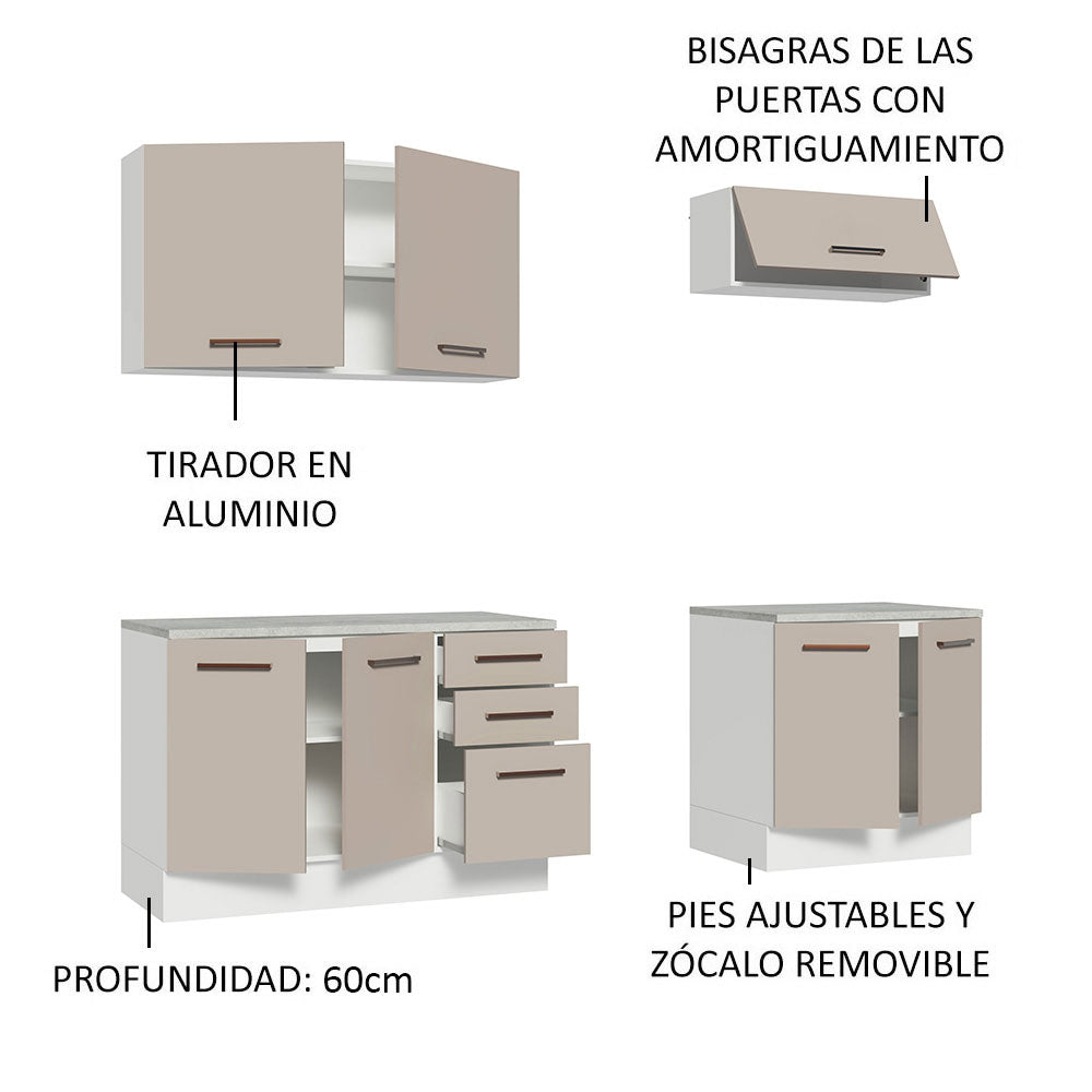 Kit con 2 Gabinetes Bajos y 2 Gabinetes superiores 200cm Blanco/Crema Agata