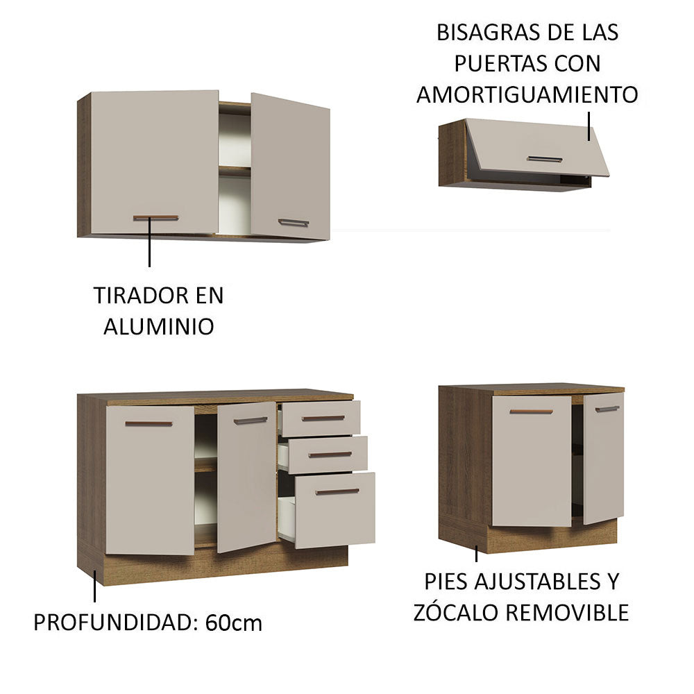Kit con 2 Gabinetes Bajos y 2 Gabinetes superiores 200cm Marrón/Crema Agata