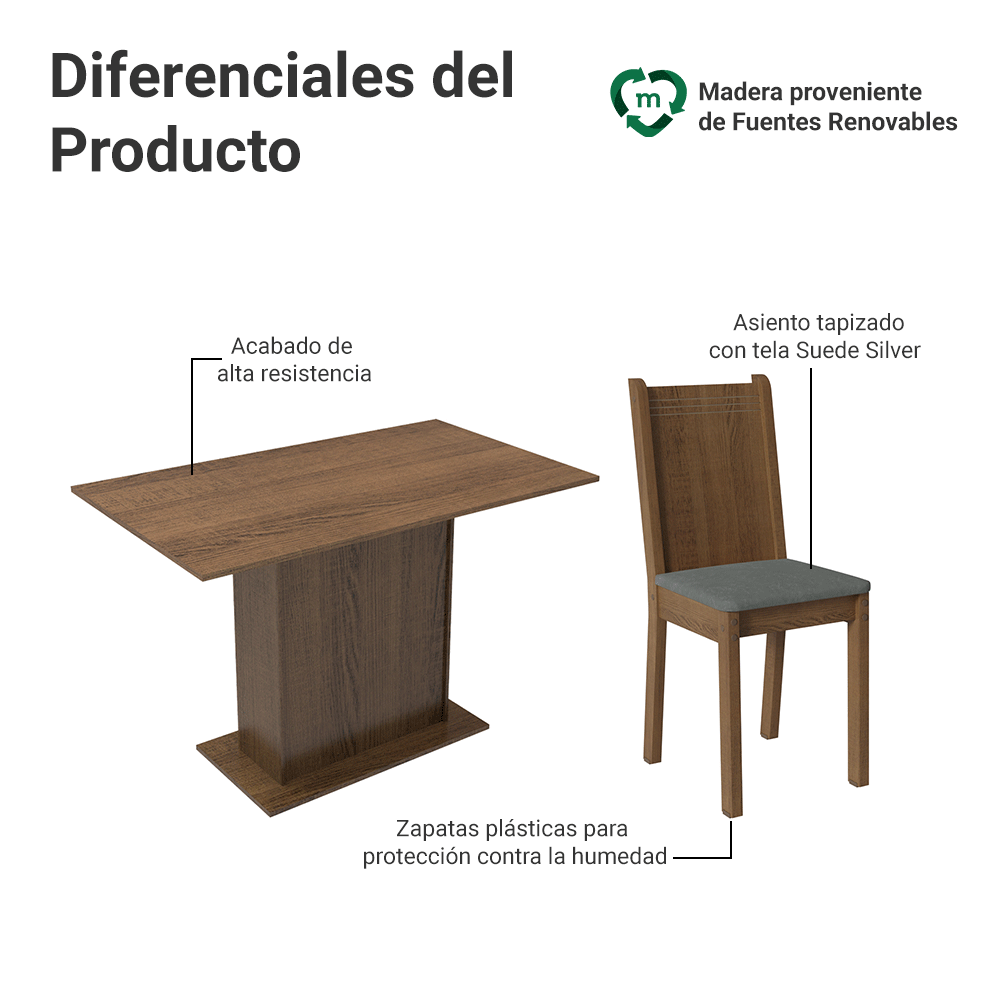 Juego de Comedor Mesada de Madera 4 Sillas Luana Marrón/Silver