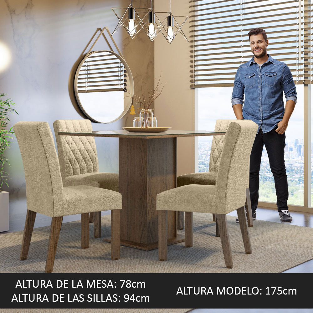 Juego de Comedor Mesa con Tapa de Vidrio 4 Sillas Marrón/Crema/Imperial Anaju Madesa