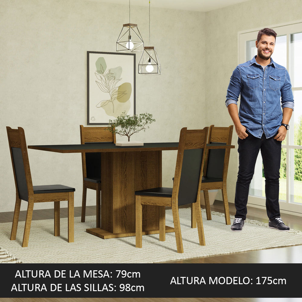 Juego de Comedor Mesa con Tapa de Madera 4 Sillas Negro/Marrón Elisa Madesa