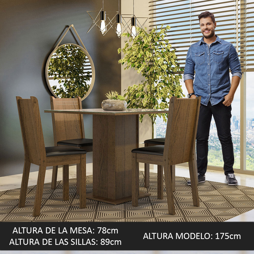 Juego de Comedor Mesa con Tapa de Vidrio 4 Sillas Marrón/Crema/Negro Perla Madesa