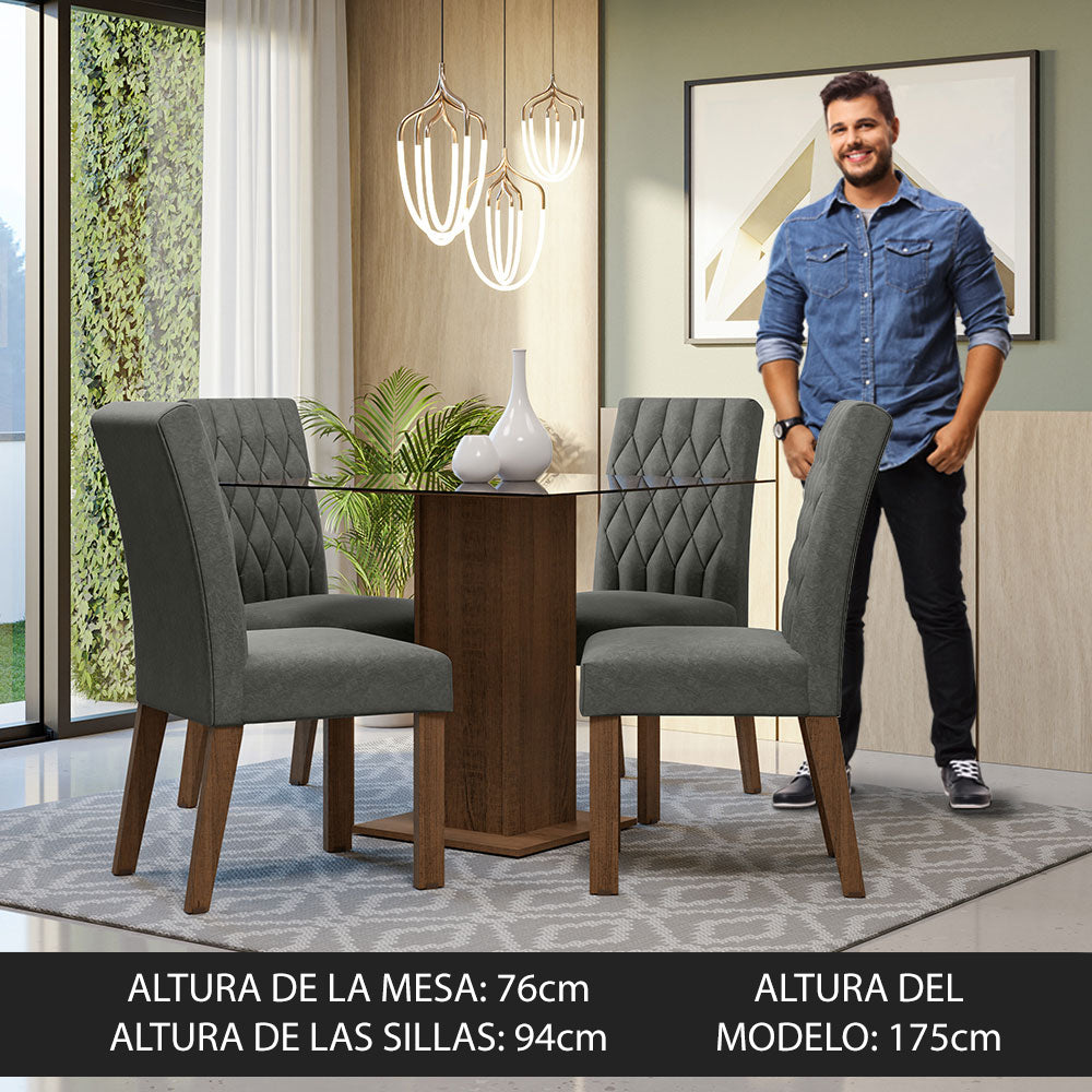 Juego de Comedor Noemi Mesa Cuadrada Tapa de Vidrio con 4 Sillas MP Madesa
