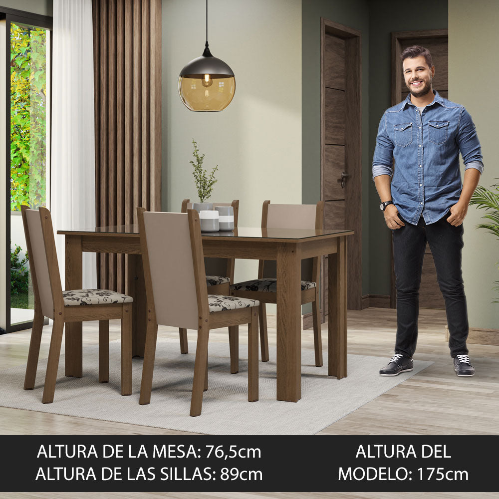 Conjunto Comedor Mesa Mesada de Vidro 4 Sillas Marrón/Crema/Bege Marrom Suzy Madesa