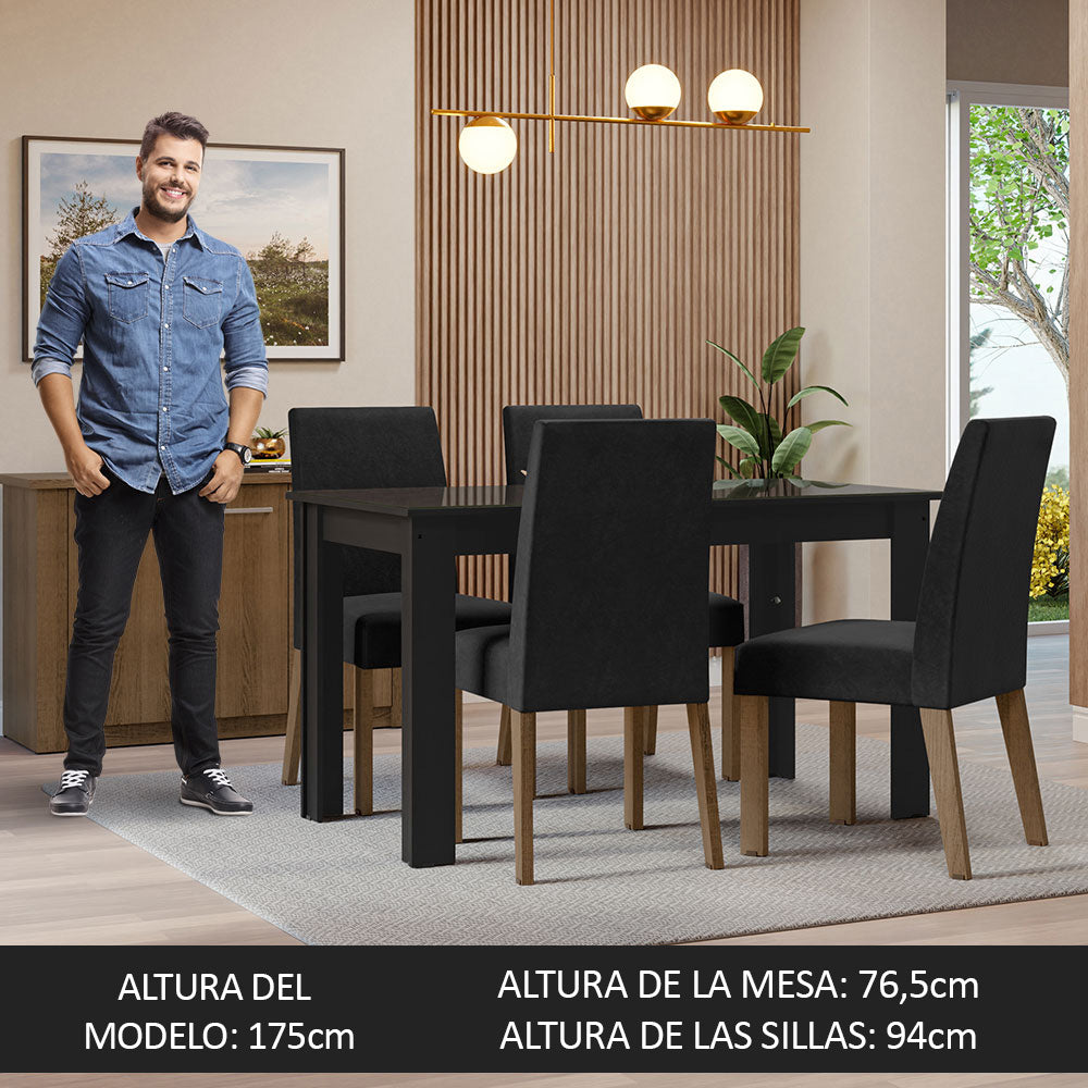 Juego de Comedor con Vidrio Sobrepuesto 4 Sillas Negro/Oxford Antônia Madesa