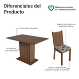 Conjunto Comedor Mesa Mesada de Vidro 4 Sillas Marrón/Hibiscos Camélia Madesa