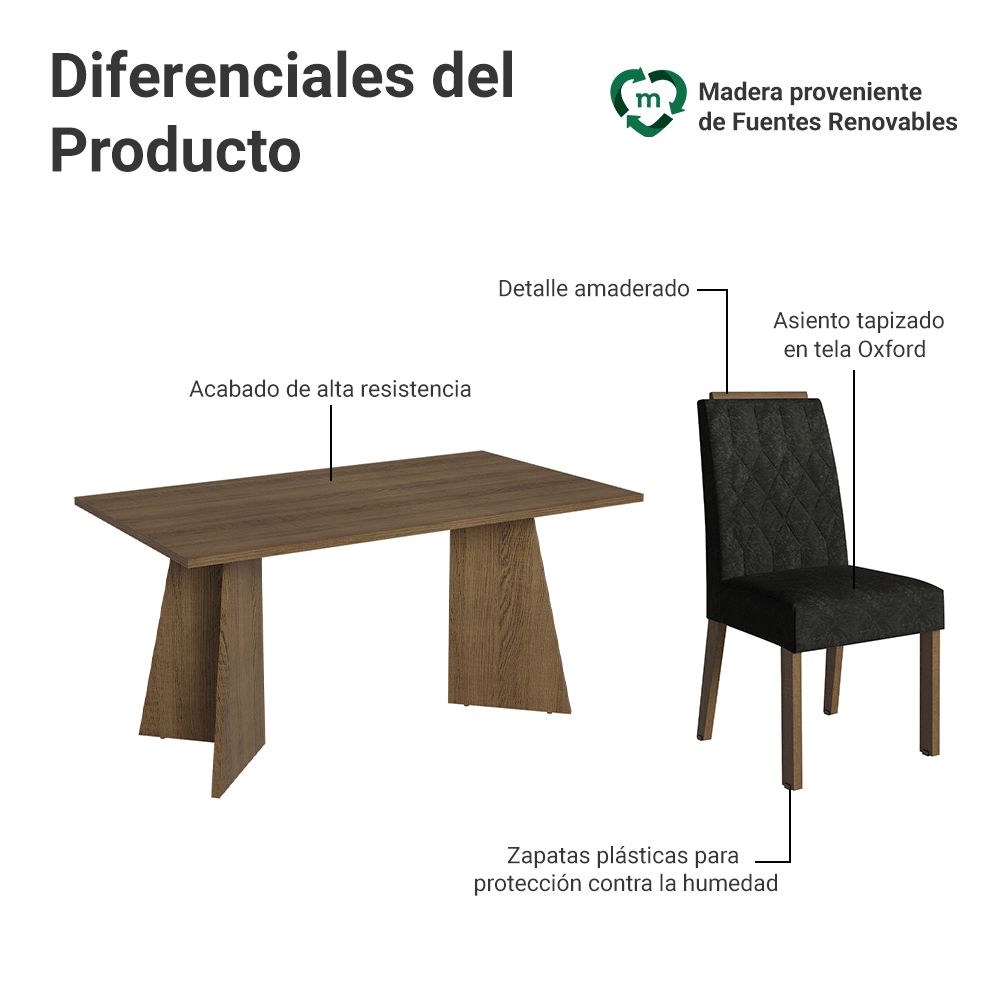 Juego de Comedor Mesada de Madera 4 Sillas Tulum Marrón/Oxford