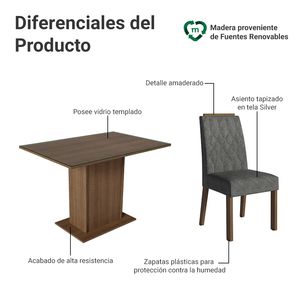 Juego de Comedor Tapa de Vidrio 4 Sillas Marrón/Silver Pitanga Madesa