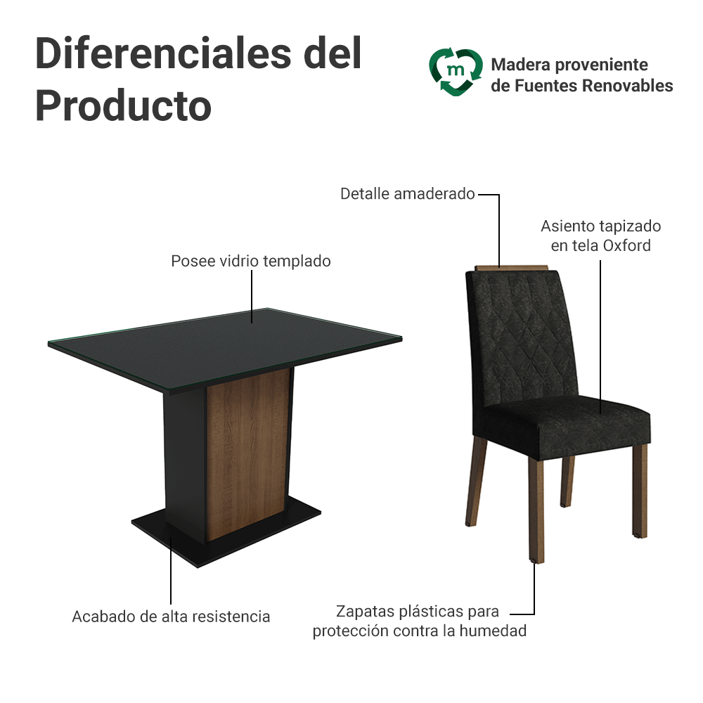 Juego de Comedor Tapa de Vidrio 4 Sillas Marrón/Negro/Oxford Pitanga Madesa