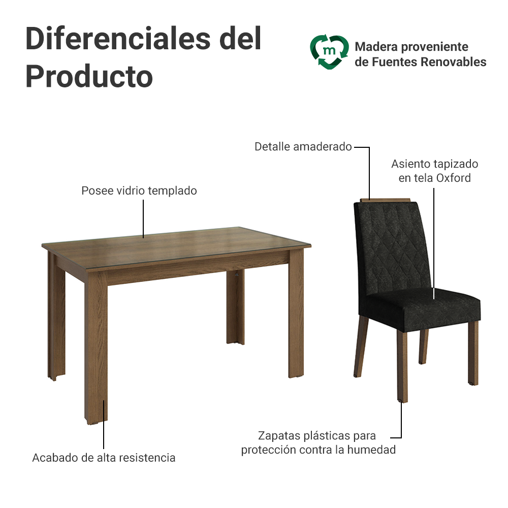 Juego de Comedor Tapa de Vidrio 4 Sillas Marrón/Oxford Pétala Madesa