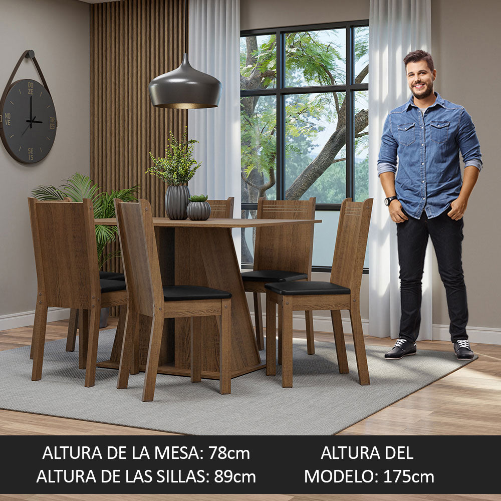 Conjunto Comedor Mesa Mesada de Madeira 6 Sillas Marrón/Negro Sharon Madesa