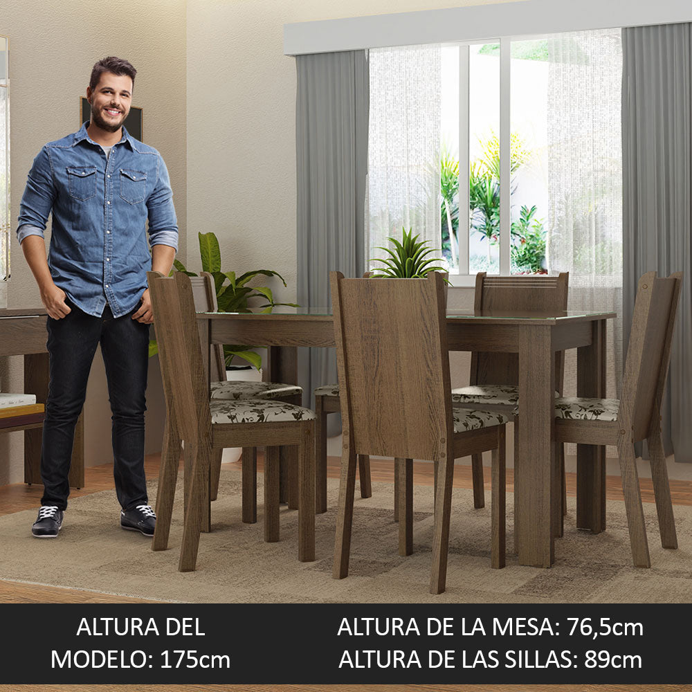 Juego de Comedor Mesa Tapa de Vidrio 6 Sillas Marrón/Tapizado Beige Marrón Isla Madesa