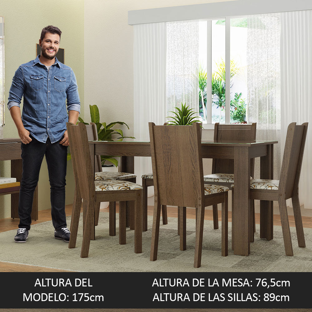 Juego de Comedor Mesa Tapa de Vidrio 6 Sillas Marrón/Lirio Beige Isla Madesa
