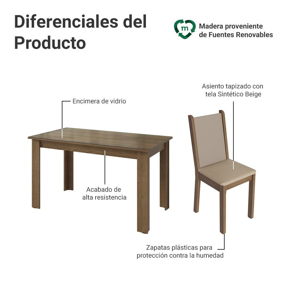 Juego Comedor Mesa con Tapa de Vidrio 6 Sillas Marrón/Crema/Beige Heloísa Madesa