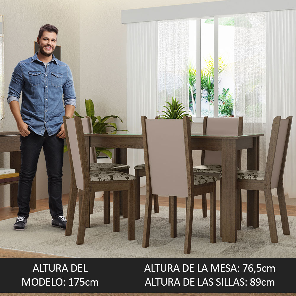 Juego de Comedor Mesa Tapa de Vidrio 6 Sillas Marrón/Crema/Tapizado Beige Marrón Heloísa Madesa