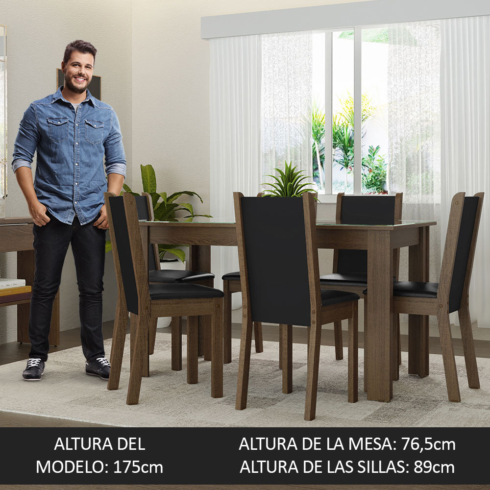Juego de Comedor Mesa Tapa de Vidrio 6 Sillas Marrón/Negro Heloísa Madesa