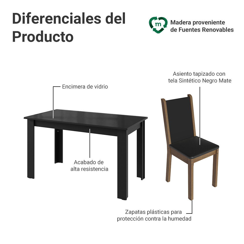 Juego Comedor Mesa con Tapa de Vidrio 6 Sillas Negro/Marrón Heloísa Madesa