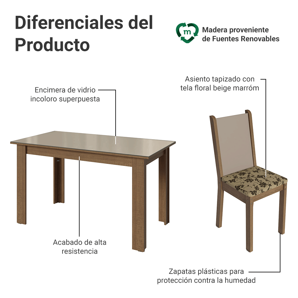 Juego Comedor Elóra Mesa Tapa de Vidrio 6 Sillas Marrón/Crema/Beige Madesa