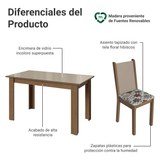 Juego Comedor Elóra Mesa Tapa de Vidrio 6 Sillas Marrón/Crema/Floral Hibiscos Madesa