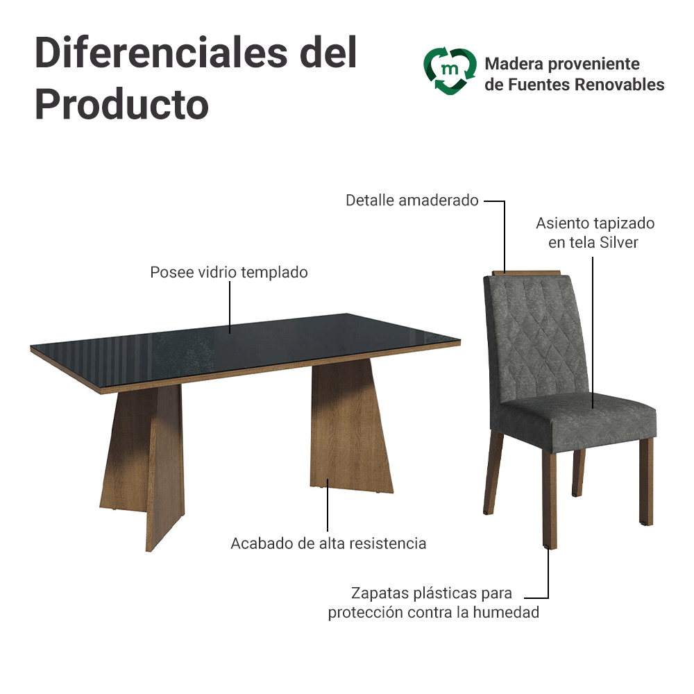 Juego de Comedor con Vidrio Sobrepuesto 6 Sillas Marrón/Negro/Silver Siena Madesa