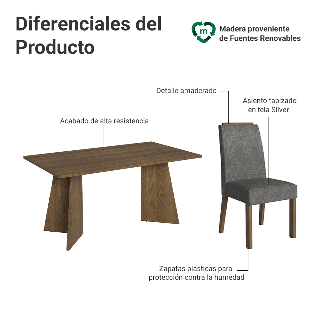 Juego de Comedor Mesada de Madera 6 Sillas Soho Marrón/Silver