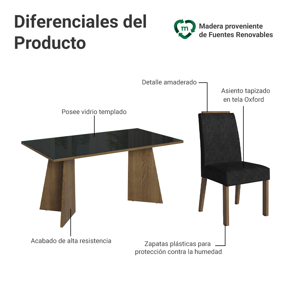 Juego de Comedor Mesada de Vidrio 6 Sillas Madrid Marrón/Negro/Oxford
