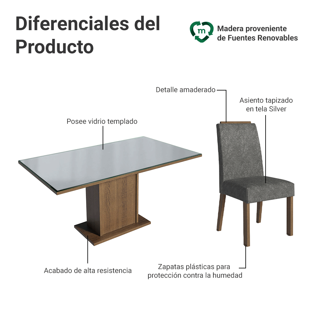 Juego de Comedor Tapa de Vidrio 6 Sillas Marrón/Gris/Silver Dália Madesa