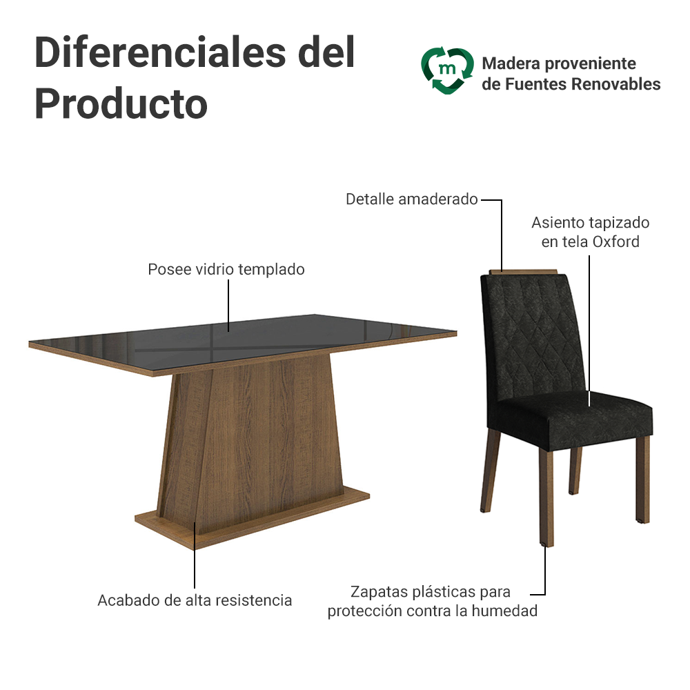 Juego de Comedor Tapa de Vidrio 6 Sillas Marrón/Negro/Oxford Peônia Madesa
