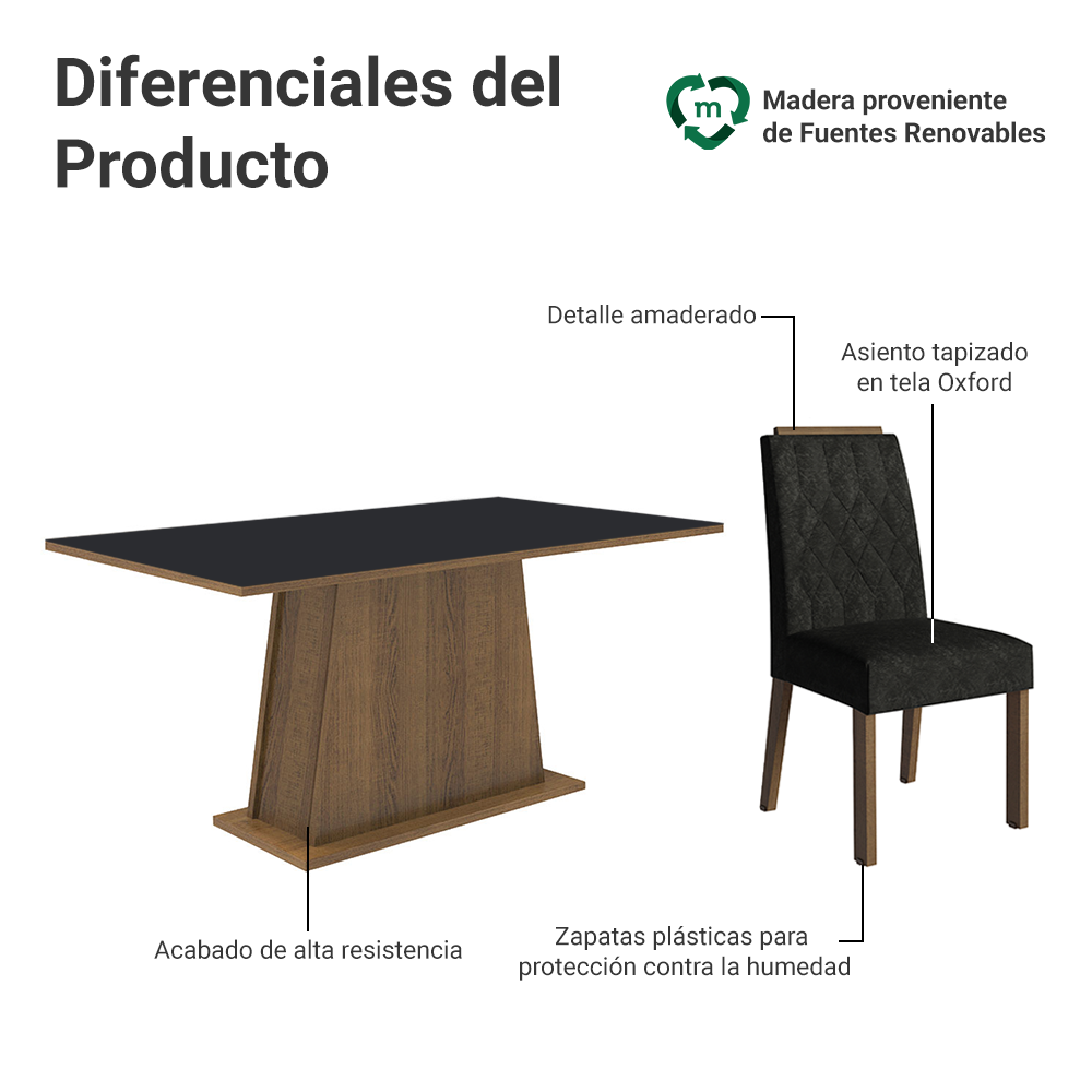 Juego de Comedor Tapa de Madera 6 Sillas Marrón/Negro/Oxford Cedro Madesa