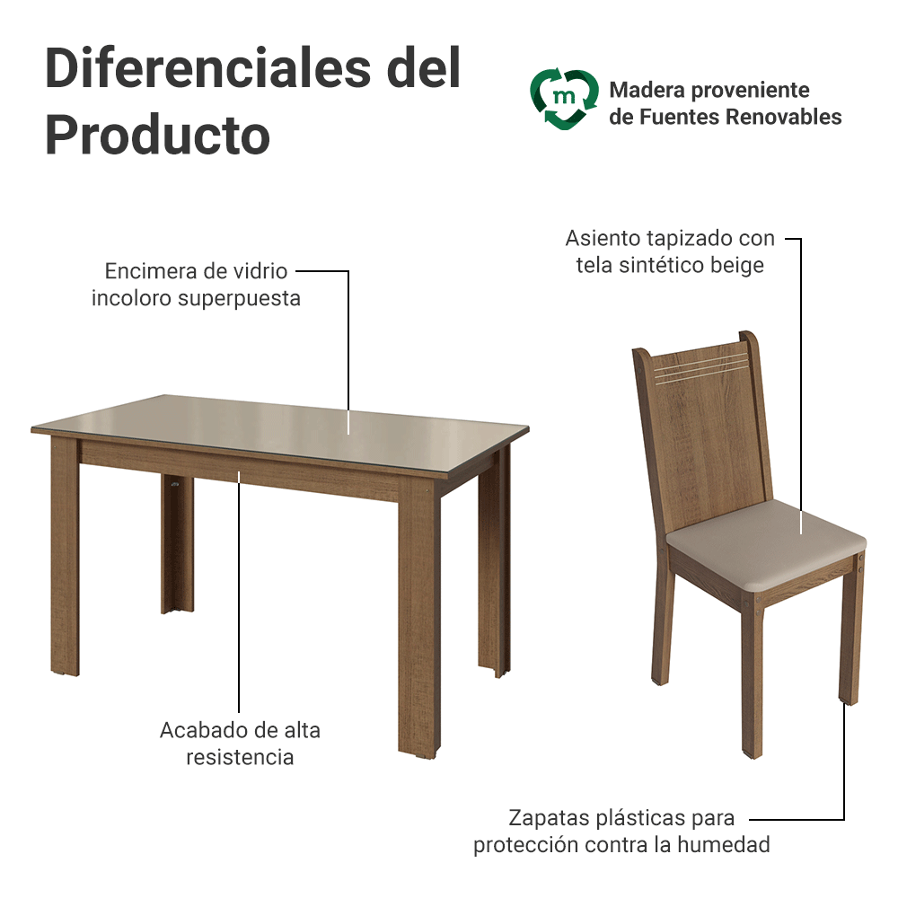 Juego de Comedor Mesa Tapa de Vidrio 6 Sillas Marrón/Crema/Sintético Beige Madesa