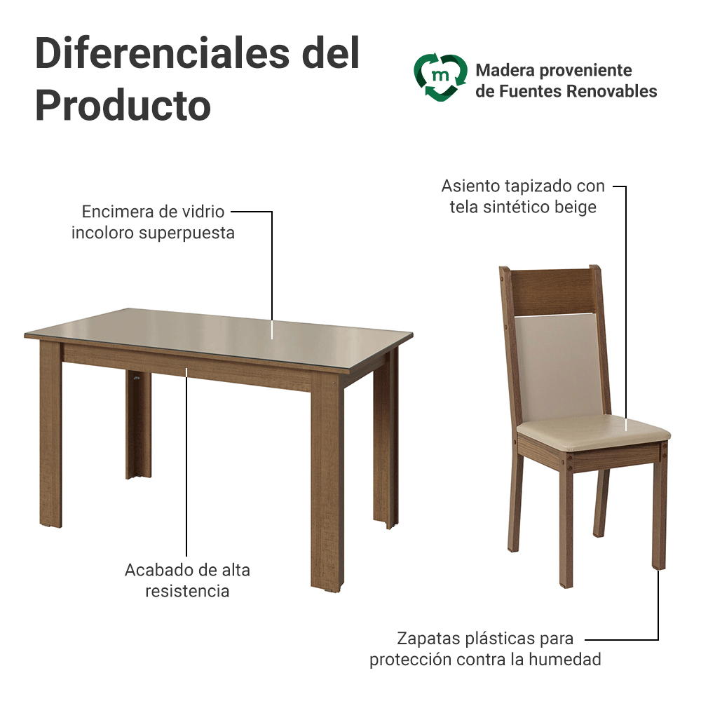 Juego de Comedor Mesa Tapa de Vidrio 6 Sillas Marrón/Crema/Sintético Beige Madesa
