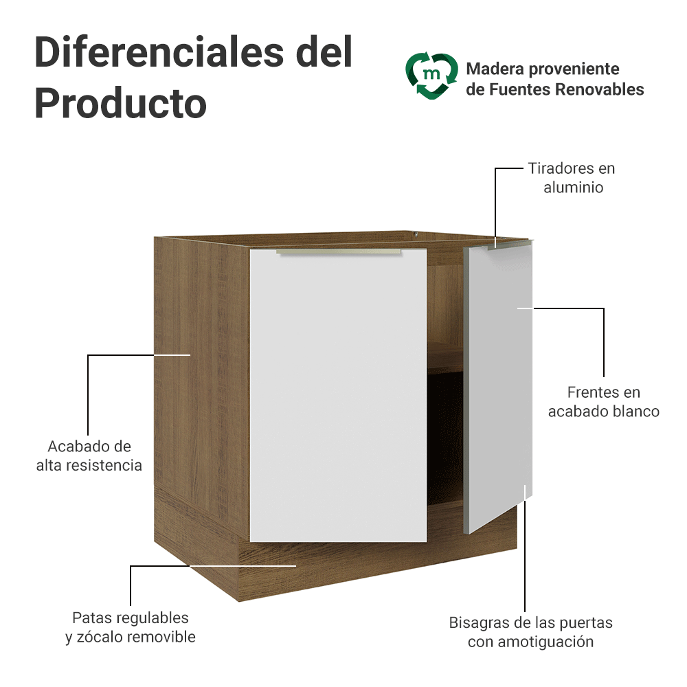 Bajo Mesada 80 x 60 cm 2 Puertas (Sin Mesada) Marrón/Blanco Aterciopelado Lux Madesa