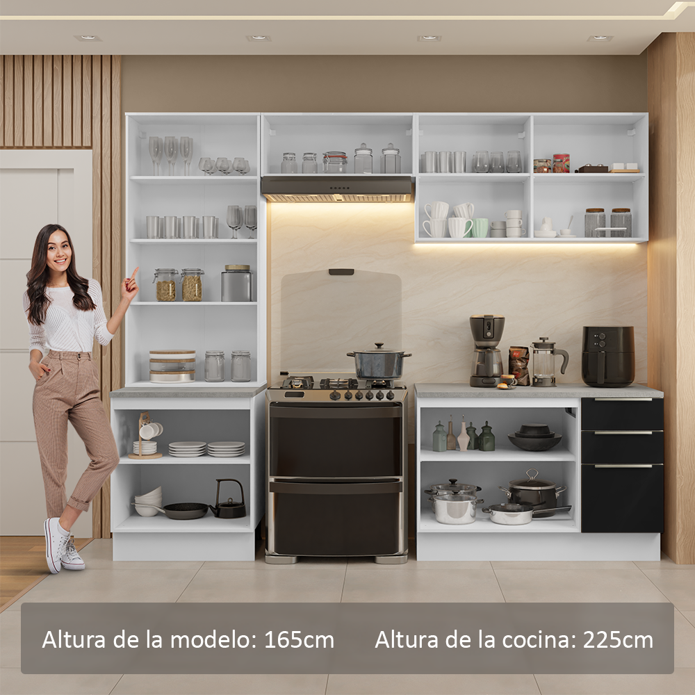 Combo completo de Cocina 270 cm con Cristalero 9 Puertas 3 Cajones Blanco/Negro Lux Madesa