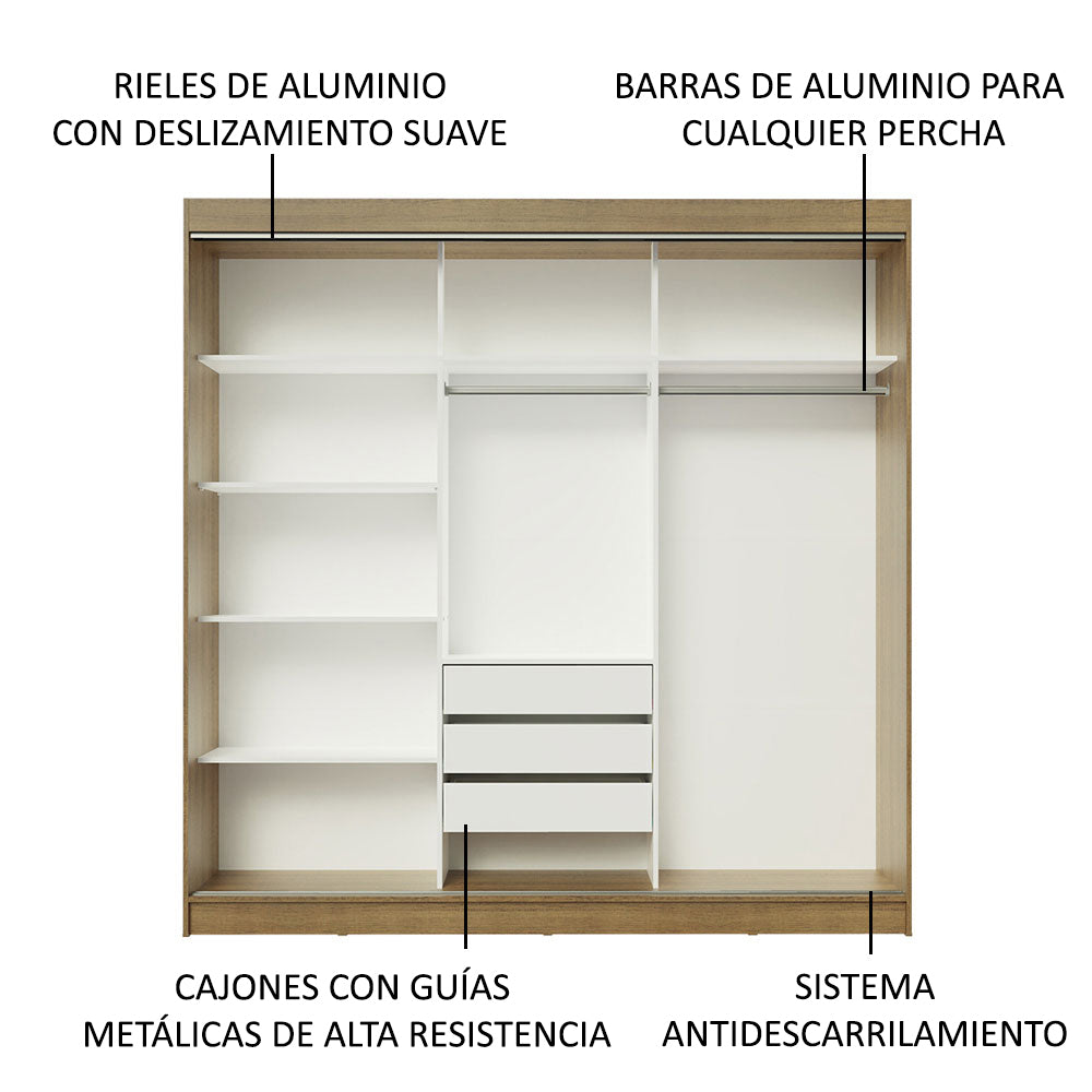 Placard Ropero Casal Madesa Kansas 3 Puertas Corredizas con Espejo 3 Cajones Marrón