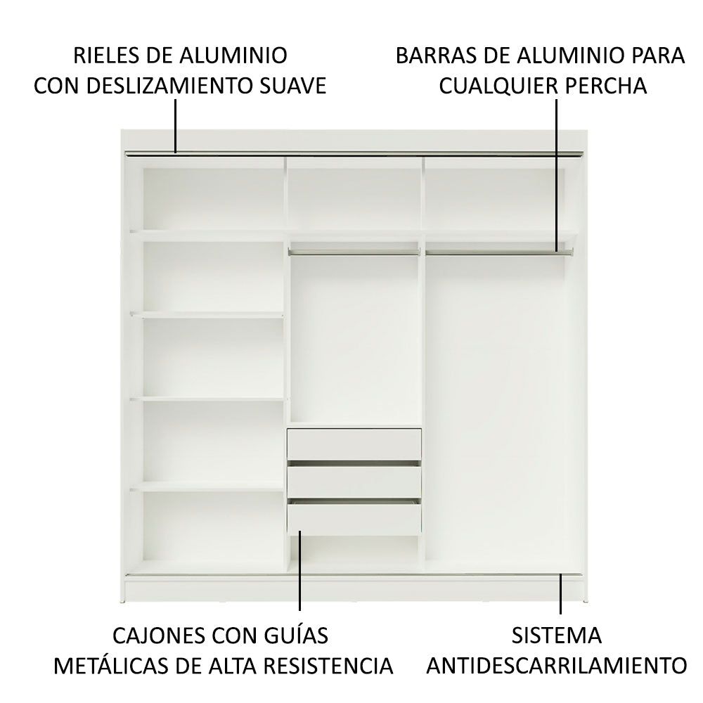 Placard Ropero Casal Madesa Kansas 3 Puertas Corredizas con Espejos 3 Cajones Blanco/Negro