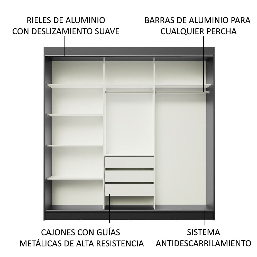 Placard Ropero Casal Madesa Kansas 3 Puertas Corredizas con Espejos 3 Cajones Negro/Blanco