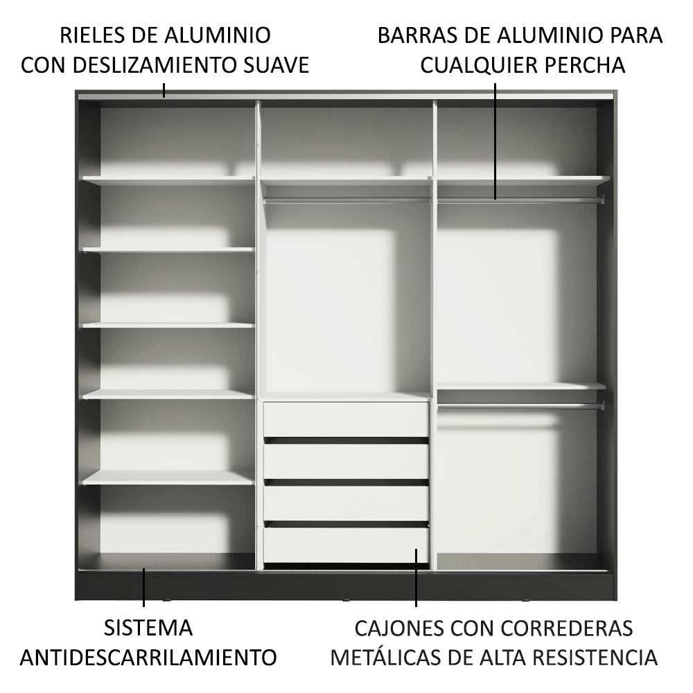 Placard Matrimonial 100% MDF Royale 3 Puertas Corredizas con Espejo Negro