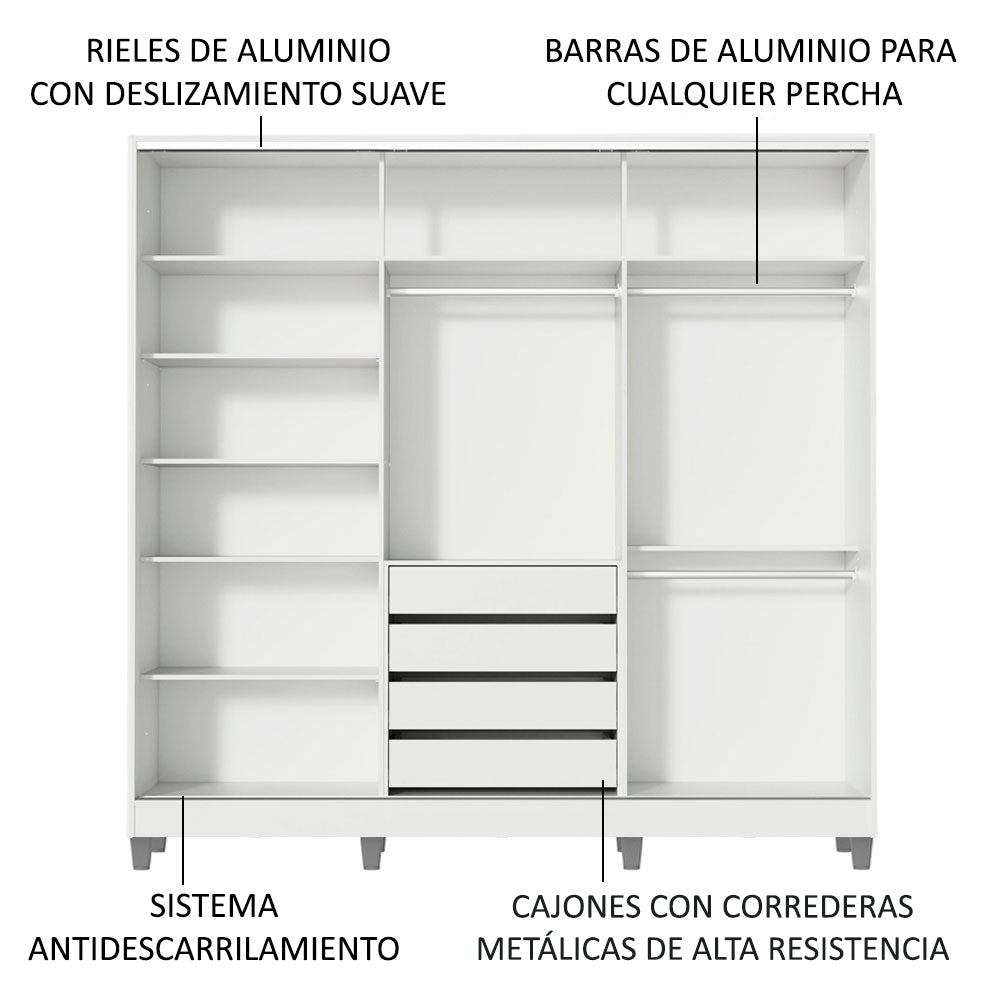 Placard Matrimonial 100% MDF Royale 3 Puertas Corredizas con Espejos con Patas Blanco/Marrón