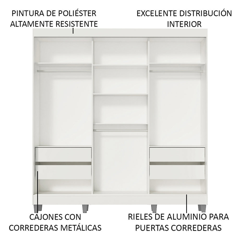 Ropero Placard Madesa Veneza 3 Puertas 3 Espejos y Patas Blanco
